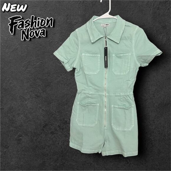New NWT Fashion nova Ana Denim Overall Romper - Sage Green - small - Picture 4 of 10